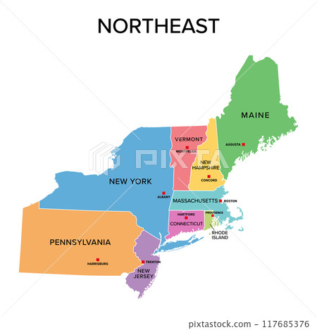 Northeast, U.S. census region, multi colored political map. Census region 1 of the United States, consisting of 9 single states. Colored silhouettes of single states with borders and their capitals. 117685376