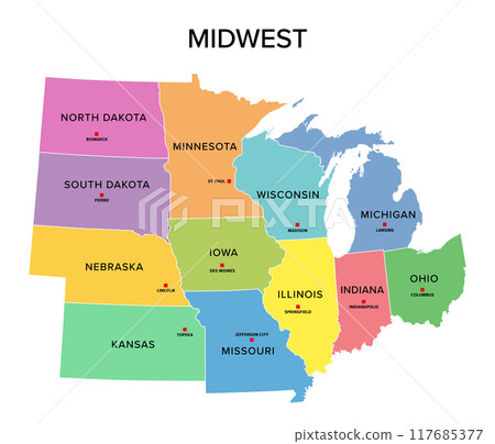 Midwest, U.S. census region, multi colored political map. Census region 2 of the United States, consisting of 12 single states. Colored silhouettes of single states with borders and their capitals. 117685377