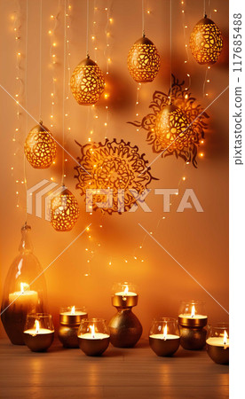 Diwali Backdrop Henna Mehndi Macrame Floral Diya Lamp Diwali   Generate AI 117685488