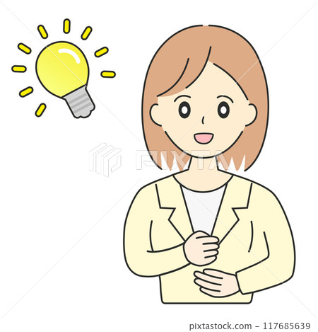 Line drawing illustration of a female business woman who has an idea 117685639