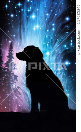 Double exposure of night sky stars , dog silhouette  Generate AI 117685842