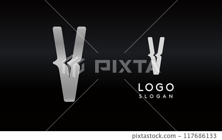 Stylized letter V with sharp, abstract cuts like bullet passing trail through letter for modern sleek logo design, creative agencies branding, tech startup, corporate identity. Vector illustration. 117686133