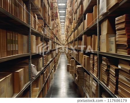 A long corridor of metal shelves filled with neatly organized books and documents in a library archive. A long corridor of metal shelves filled with neatly organized books and documents in a library archive. 117686179
