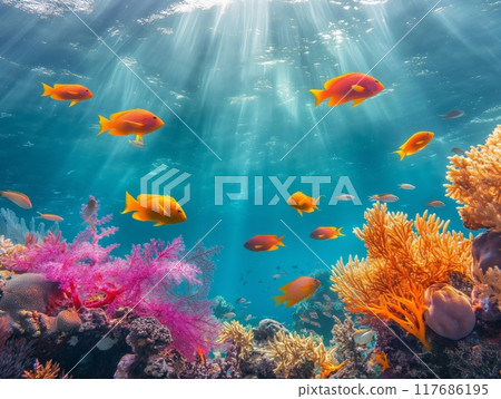 Bright orange fish swim among vivid pink and orange corals under sunlit ocean waters. Bright orange fish swim among vivid pink and orange corals under sunlit ocean waters. 117686195