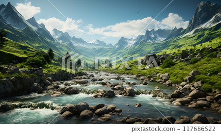 fresh green mountain views, there is a waterfall in the middle of the mountain  Generate AI fresh green mountain views, there is a waterfall in the middle of the mountain  Generate AI 117686522