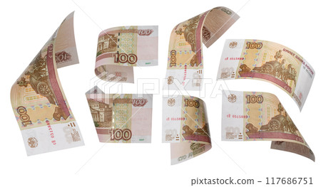 100 Rubles flying on white background. Russian banknotes at different angles. 100 Rubles flying on white background. Russian banknotes at different angles. 117686751