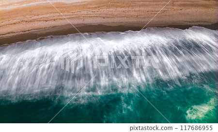 Slow-motion drone shots of the vast beach at Enjugahama in Gobo, Wakayama Slow-motion drone shots of the vast beach at Enjugahama in Gobo, Wakayama 117686955