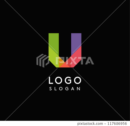 Colorful geometric letter U with overlapping shapes, modern vibrant logo design for tech company, creative agency, architecture design studio, startup looking bold brand identity. Vector illustration 117686956