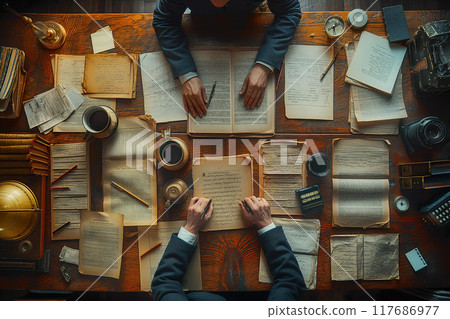 Two businessmen are negotiating an agreement between themselves in the conference room 117686977