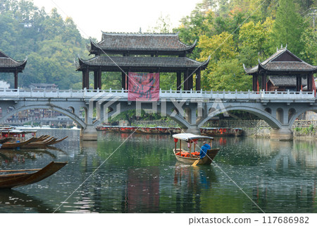 Fenghuang Ancient Town. Located in Fenghuang County. Southwest of HuNan Province, China. Fenghuang is a popular tourist destination of Asia. 117686982