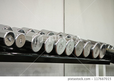 Dumbbell at fitness Gym to build muscle ,Sports equipment in gym. Dumbbell at fitness Gym to build muscle ,Sports equipment in gym. 117687015