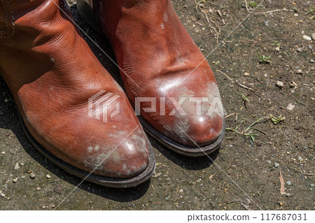 Moldy brown boots - mold growing on women's leather goods Moldy brown boots - mold growing on women's leather goods 117687031