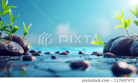 Stones carefully balanced on a still water surface, set against a backdrop of quiet tranquility 117687472