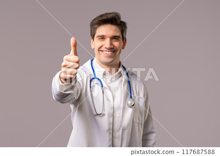 Positive doctor man with like, thumbs-up hand sign gesture. Happy physician Positive doctor man with like, thumbs-up hand sign gesture. Happy physician 117687588