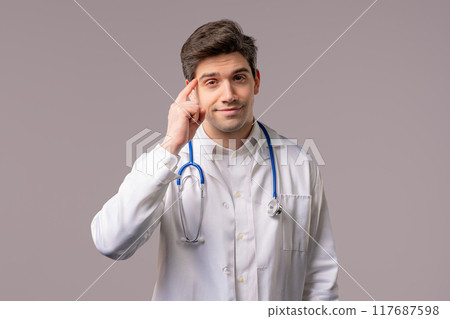 Clever doctor man with gesture - you, think about it. Looking camera on white, smiling, positive intelligent person. Clever doctor man with gesture - you, think about it. Looking camera on white, smiling, positive intelligent person. 117687598