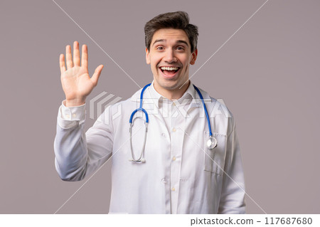 Friendly Mature doctor man waving hand - Hello, Hi. Greetings, Salute on white Friendly Mature doctor man waving hand - Hello, Hi. Greetings, Salute on white 117687680