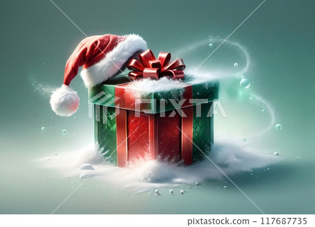 New Year gift box with bright ribbon, New Year card 117687735