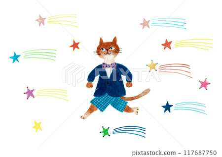Hand-drawn watercolor: Cat and shooting star 117687750
