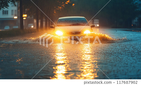 汽車在被大雨淹沒的道路上行駛 117687902