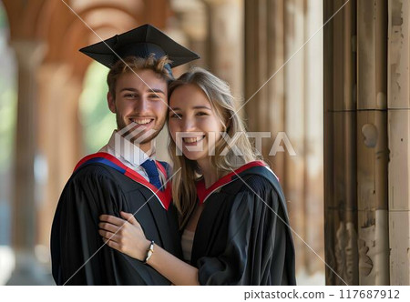 A young man wearing a black graduation gown and cap is posing with his girlfriend stand in front of a university's corridor, showing love for each other, look happy after just having graduated A young man wearing a black graduation gown and cap is posing with his girlfriend stand in front of a university's corridor, showing love for each other, look happy after just having graduated 117687912