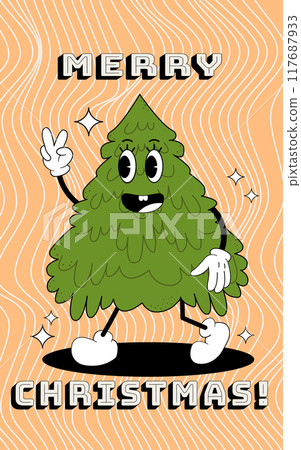 Christmas tree groovy card. Vector illustration in trendy retro style. Abstract background. Happy holidays 2024 Christmas tree groovy card. Vector illustration in trendy retro style. Abstract background. Happy holidays 2024 117687933