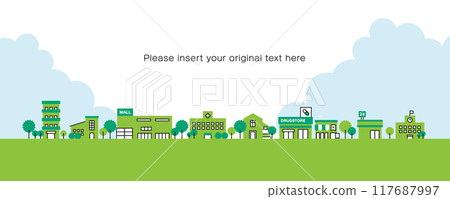 Illustration material of a simple and cute downtown area, including shopping centers, convenience stores, and hospitals 117687997