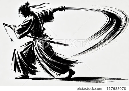 日本武士以劍的方式戰鬥的墨繪插圖 117688078