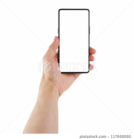 Young man hand holding bezel-less smartphone white screen isolated on white background 117688080