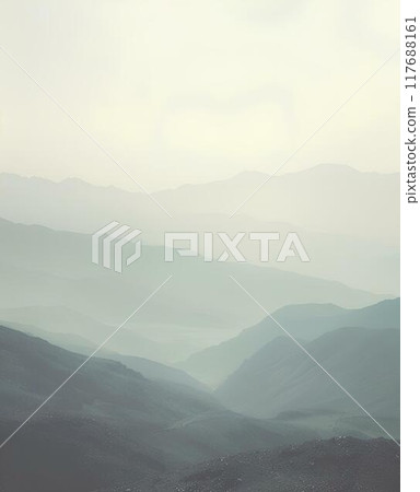 vintage moody minimalist landscape of the arabian mountains, muted colors, soft tones, foggy 117688161