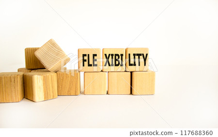 Flexibility symbol. Concept word Flexibility on beautiful wooden blocks. Beautiful white background. Business flexibility concept. Copy space. Flexibility symbol. Concept word Flexibility on beautiful wooden blocks. Beautiful white background. Business flexibility concept. Copy space. 117688360