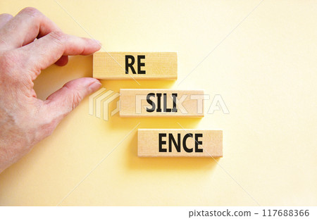 Resilience symbol. Concept word Resilience on beautiful wooden blocks. Businessman hand. Beautiful white background. Business resilience concept. Copy space. 117688366