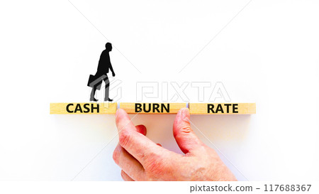 Cash burn rate symbol. Concept words Cash burn rate on wooden blocks on a beautiful white table white background. Businessman hand. Businessman icon. Business cash burn rate concept. Copy space. 117688367