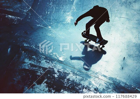 Skateboarder doing a kickflip in a skatepark in a low angle shot with high contrast blue and grey tones with minimalism and negative space and an empty area for text on the frame Skateboarder doing a kickflip in a skatepark in a low angle shot with high contrast blue and grey tones with minimalism and negative space and an empty area for text on the frame 117688429