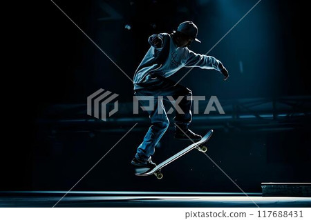 Skateboarder doing a kickflip in a skatepark in a low angle shot with high contrast blue and grey tones with minimalism and negative space and an empty area for text on the frame 117688431