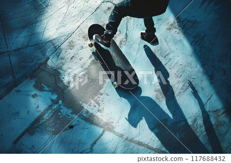 Skateboarder doing a kickflip in a skatepark in a low angle shot with high contrast blue and grey tones with minimalism and negative space and an empty area for text on the frame 117688432