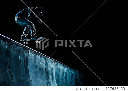 Skateboarder doing a kickflip in a skatepark in a low angle shot with high contrast blue and grey tones with minimalism and negative space and an empty area for text on the frame Skateboarder doing a kickflip in a skatepark in a low angle shot with high contrast blue and grey tones with minimalism and negative space and an empty area for text on the frame 117688433