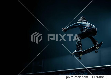 Skateboarder doing a kickflip in a skatepark in a low angle shot with high contrast blue and grey tones with minimalism and negative space and an empty area for text on the frame Skateboarder doing a kickflip in a skatepark in a low angle shot with high contrast blue and grey tones with minimalism and negative space and an empty area for text on the frame 117688436