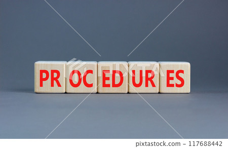 Procedures symbol. Concept word Procedures on beautiful wooden blocks. Beautiful grey background. Business procedures concept. Copy space. Procedures symbol. Concept word Procedures on beautiful wooden blocks. Beautiful grey background. Business procedures concept. Copy space. 117688442