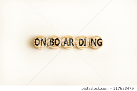 Onboarding success symbol. Concept word Onboarding on wooden circles. Beautiful white background. Business onboarding success concept. Copy space. Onboarding success symbol. Concept word Onboarding on wooden circles. Beautiful white background. Business onboarding success concept. Copy space. 117688479
