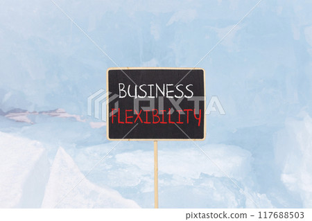 Business flexibility symbol. Concept words Business flexibility on beautiful yellow blackboard. Beautiful blue ice background. Business flexibility concept. Copy space. 117688503