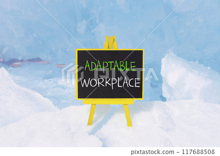 Adaptable workplace symbol. Concept words Adaptable workplace on beautiful yellow blackboard. Beautiful blue ice background. Business Adaptable workplace concept. Copy space. 117688508