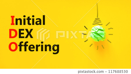 IDO initial DEX offering symbol. Concept words IDO initial DEX offering on beautiful yellow paper. Beautiful yellow background. Green light bulb. Business IDO initial DEX offering concept. Copy space. 117688530