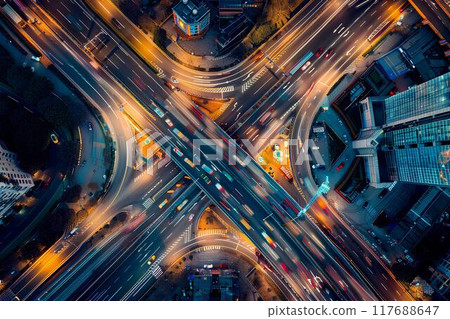 Aerial view of a highway intersection at night showing traffic flow on the roads, with a city background. Cars at a big crossroads at night. Urban landscape 117688647