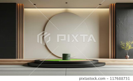 3D rendering, minimalism scene design with large blank wall space for product display, simple stage background, modern architecture interior design in the style of Japanese 3D rendering, minimalism scene design with large blank wall space for product display, simple stage background, modern architecture interior design in the style of Japanese 117688731