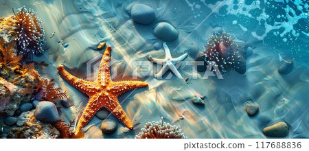 Underwater photography, top view of starfish on the ocean floor surrounded in the style of rocks and coral. 117688836