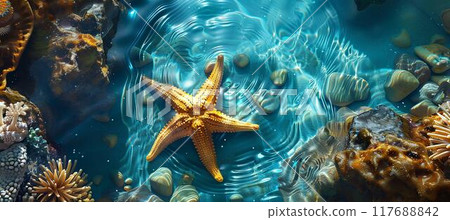 Underwater photography, top view of starfish on the ocean floor surrounded in the style of rocks and coral. Underwater photography, top view of starfish on the ocean floor surrounded in the style of rocks and coral. 117688842