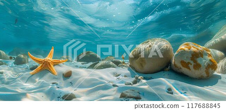 Underwater photography, top view of starfish on the ocean floor surrounded in the style of rocks and coral. 117688845