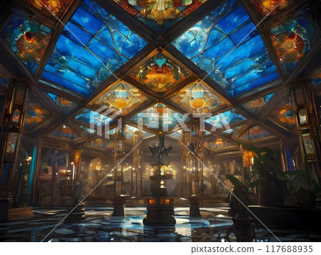 遊戲背景:仰望宮殿大廳的屋頂,其華麗的萬花筒般的彩色玻璃窗 遊戲背景:仰望宮殿大廳的屋頂,其華麗的萬花筒般的彩色玻璃窗 117688935