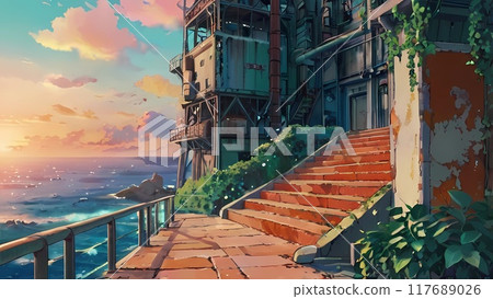 動漫背景風格：日落時海邊小鎮的樓梯景觀與前城堡 117689026