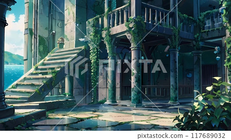 動畫背景風格景觀與海濱小鎮和前城堡的樓梯 117689032